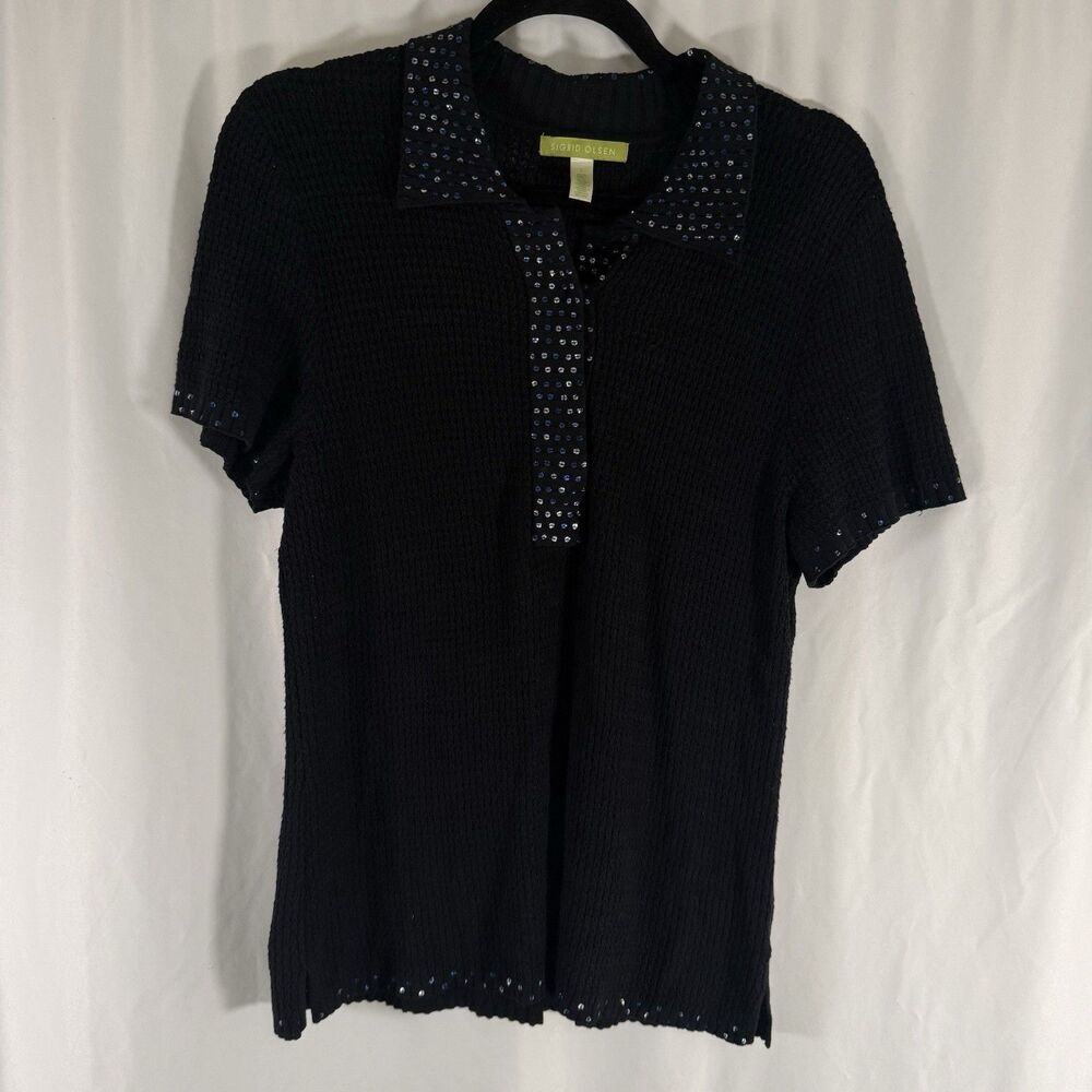 Sigrid Olsen Blouse Women's Large Black Sequin Short Sleeve Breathable Knit